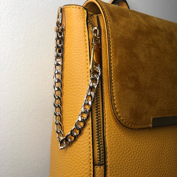 Call It Spring Golden Mustard Faux Leather & Suede Backpack Handbag Gold Chains - Picture 3 of 9